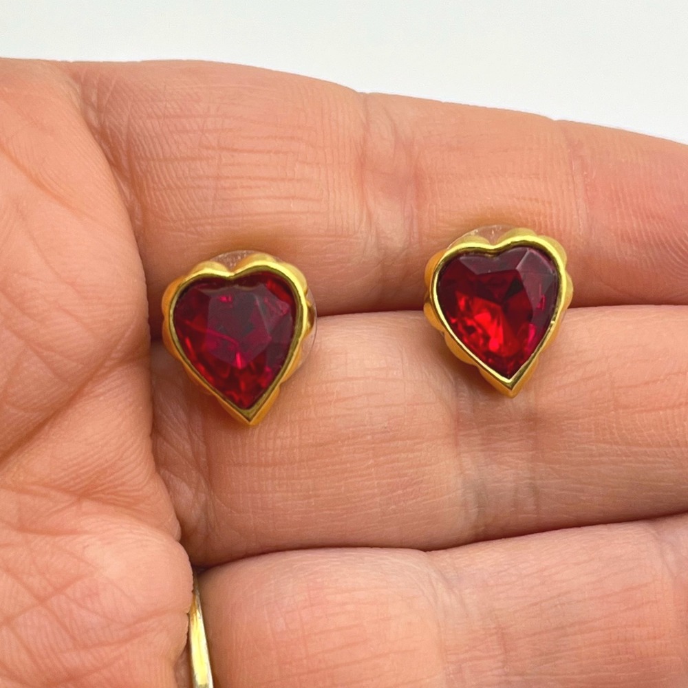 Avon Gold-Tone Heart Red Crystal Stud Earrings